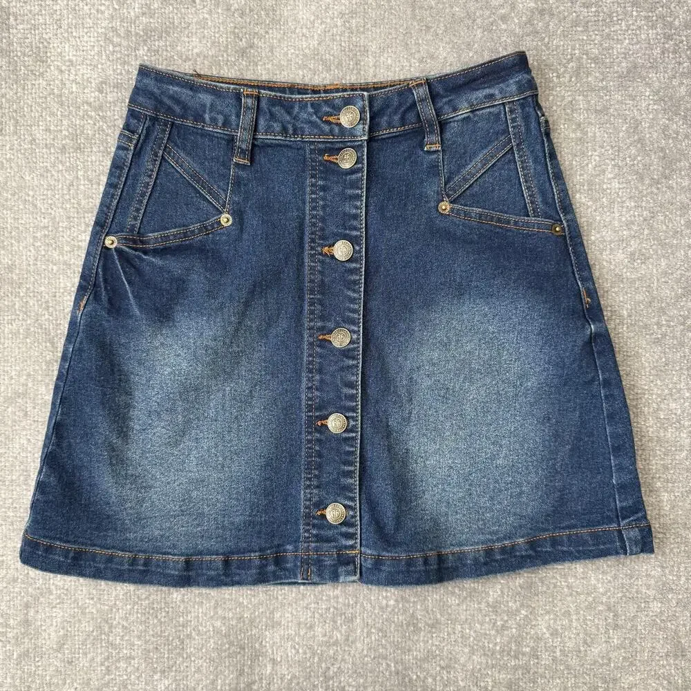 FRYE Skirt Womens 2 Blue Denim Button Front A-Line Pockets Stretch Jean Casual